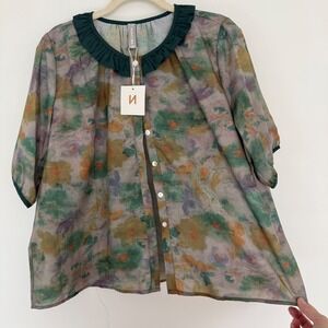 NWT NORACORA Women's Button Front Blouse XXL Green Watercolor Print Artsy